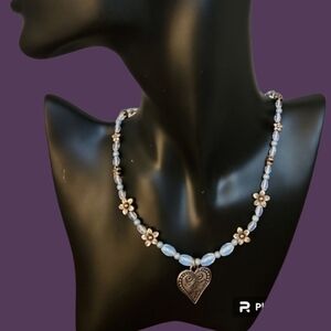 Handmade Opalite Powder Blue Beaded Floral Heart Pendant Fairycore Necklace